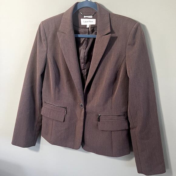CK Calvin Klein Women's Professional Brown Stretch Blazer, Zip Pockets, Size 10 - Picture 2 of 13